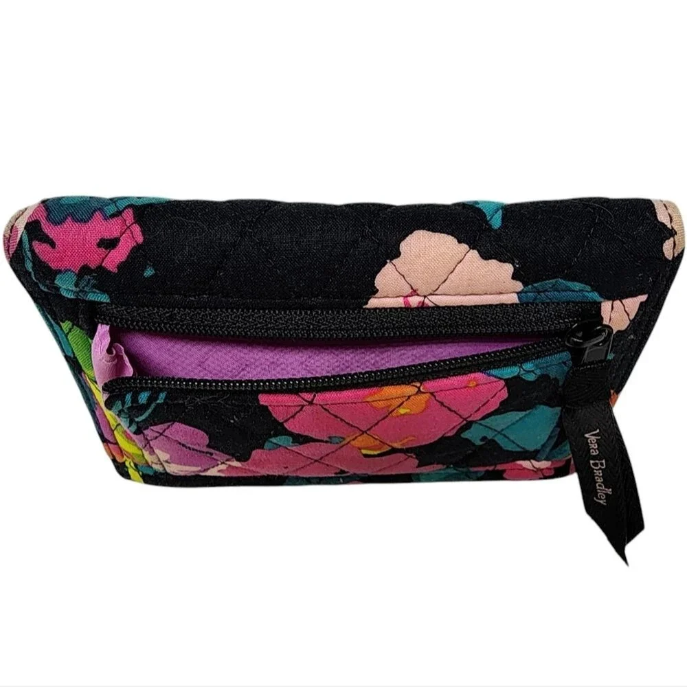 Vera Bradley Euro Wallet Black Hilo Meadow Magenta Quilted Fabric Fold Over Snap